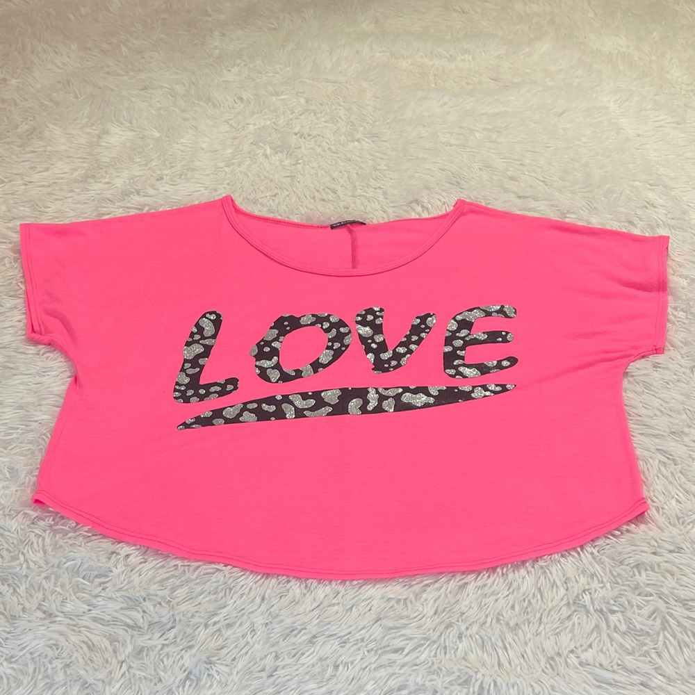 TOP FASHION NEW YORK Pink Shirt 'Love' Print WOMENS L, NO TAG SEE MEASUREMENTS